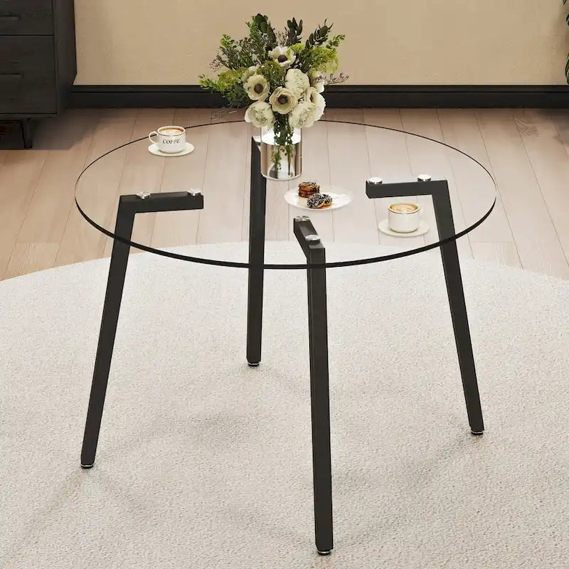 Table ronde transparente en verre trempé, plateau en verre trempé, pieds en métal noir, pour cuisine et salon, 42 *42 *29,5