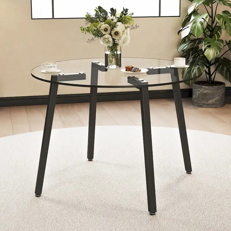 Table ronde transparente en verre trempé, plateau en verre trempé, pieds en métal noir, pour cuisine et salon, 42 *42 *29,5