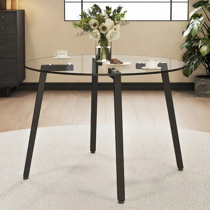 Table ronde transparente en verre trempé, plateau en verre trempé, pieds en métal noir, pour cuisine et salon, 42 *42 *29,5