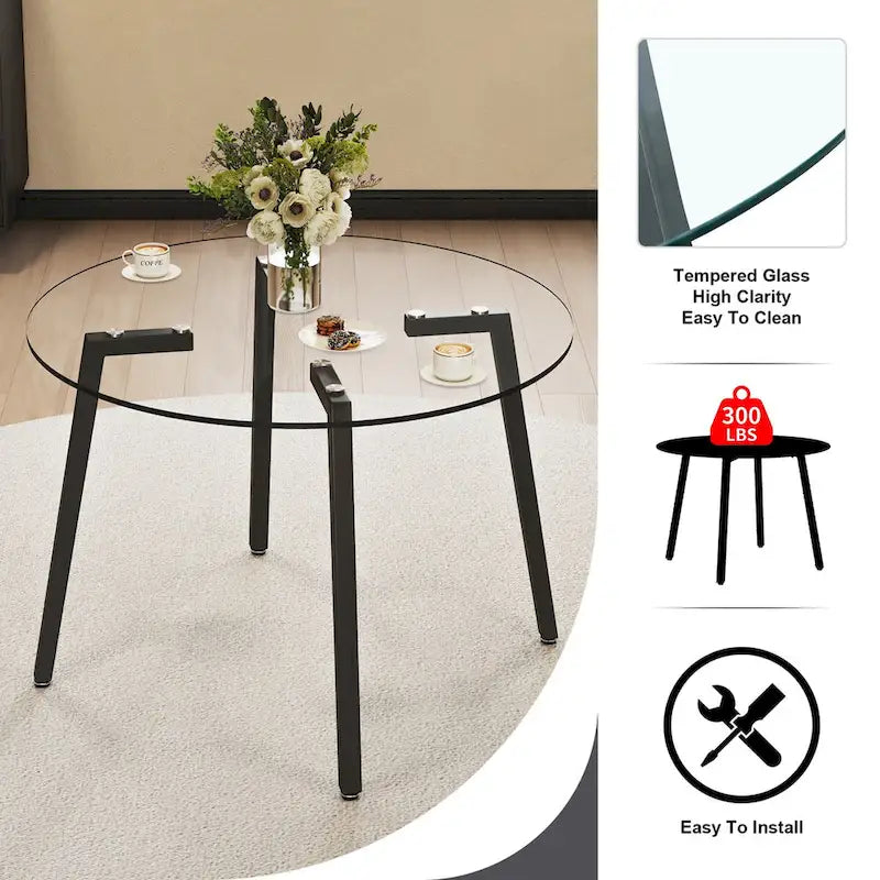 Table ronde transparente en verre trempé, plateau en verre trempé, pieds en métal noir, pour cuisine et salon, 42 *42 *29,5