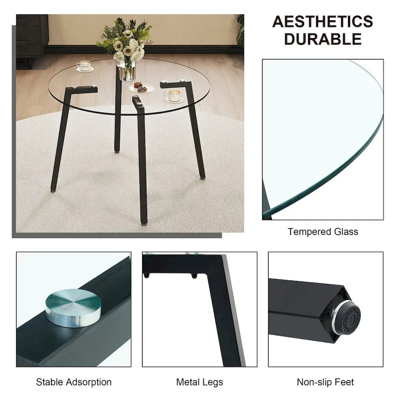 Table ronde transparente en verre trempé, plateau en verre trempé, pieds en métal noir, pour cuisine et salon, 42 *42 *29,5