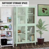 Meuble de rangement à quatre portes vitrées avec étagères et pieds réglables en acier laminé à froid