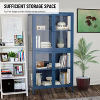 Meuble de rangement à quatre portes vitrées avec étagères et pieds réglables en acier laminé à froid