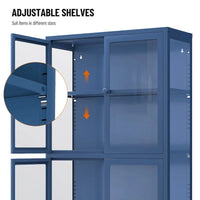 Meuble de rangement à quatre portes vitrées avec étagères et pieds réglables en acier laminé à froid