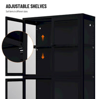 Meuble de rangement à quatre portes vitrées avec étagères et pieds réglables en acier laminé à froid