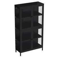 Meuble de rangement à quatre portes vitrées avec étagères et pieds réglables en acier laminé à froid