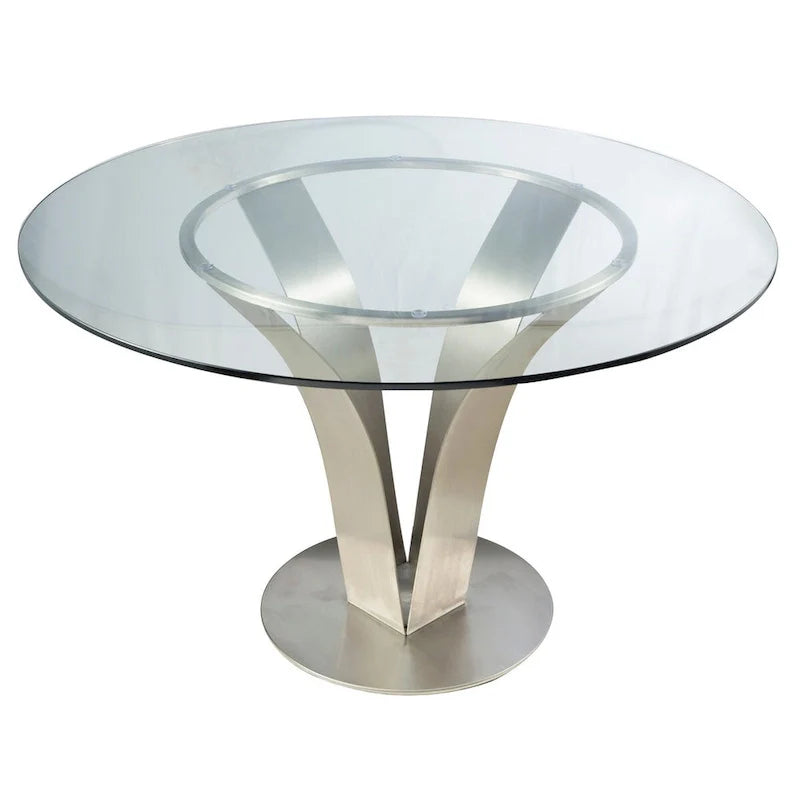 Table à manger de 48 pouces avec plateau en verre rond et base en métal, chrome
