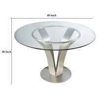 Table à manger de 48 pouces avec plateau en verre rond et base en métal, chrome
