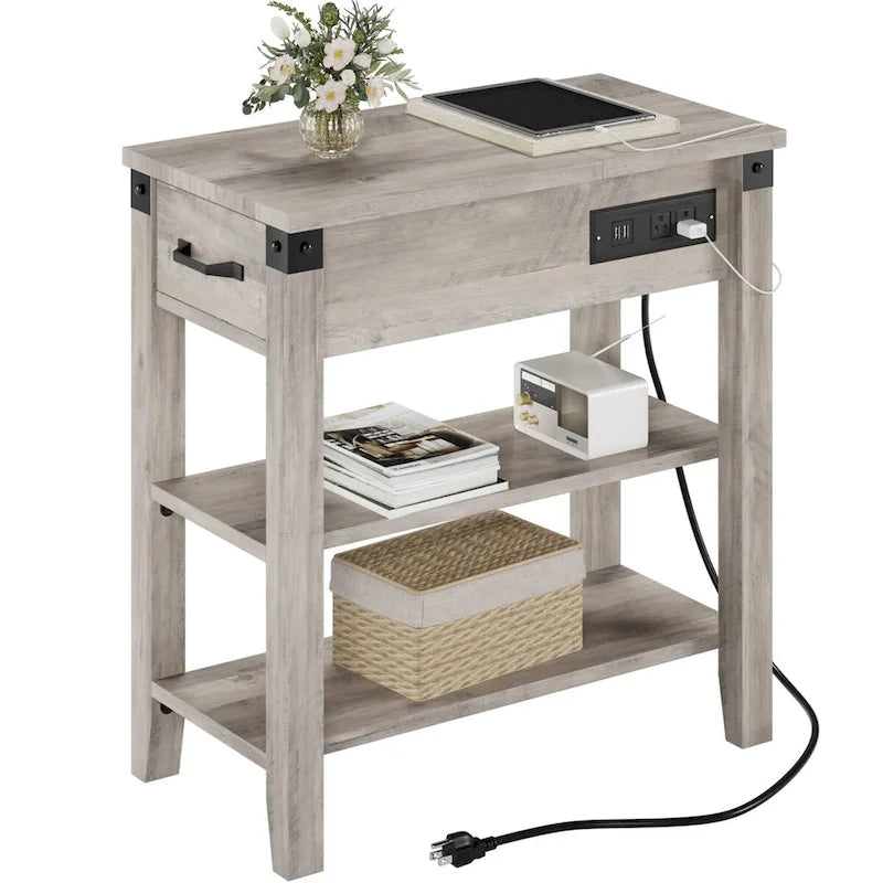 Table d'appoint étroite à 3 niveaux avec tiroir et rangement