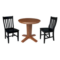Table à manger ronde sur pied de 76 cm avec 2 chaises de salle à manger en chêne vieilli/noir
