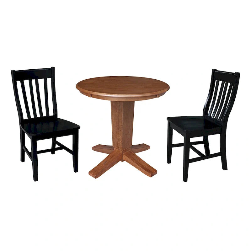 Table à manger ronde sur pied de 76 cm avec 2 chaises de salle à manger en chêne vieilli/noir