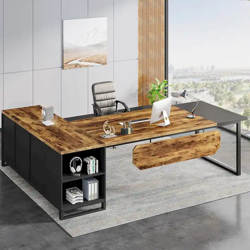 Bureau de direction de 180 cm avec classeur de 140 cm, grand bureau d'ordinateur en L avec armoire de rangement et étagères