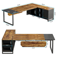 Bureau de direction de 180 cm avec classeur de 140 cm, grand bureau d'ordinateur en L avec armoire de rangement et étagères