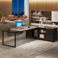 Bureau de direction de 180 cm avec classeur de 140 cm, grand bureau d'ordinateur en L avec armoire de rangement et étagères