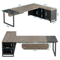 Bureau de direction de 180 cm avec classeur de 140 cm, grand bureau d'ordinateur en L avec armoire de rangement et étagères