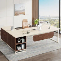Bureau de direction de 180 cm avec classeur de 140 cm, grand bureau d'ordinateur en L avec armoire de rangement et étagères