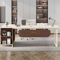 Bureau de direction de 180 cm avec classeur de 140 cm, grand bureau d'ordinateur en L avec armoire de rangement et étagères