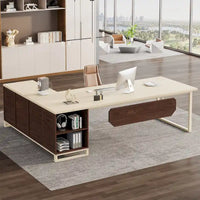 Bureau de direction de 180 cm avec classeur de 140 cm, grand bureau d'ordinateur en L avec armoire de rangement et étagères
