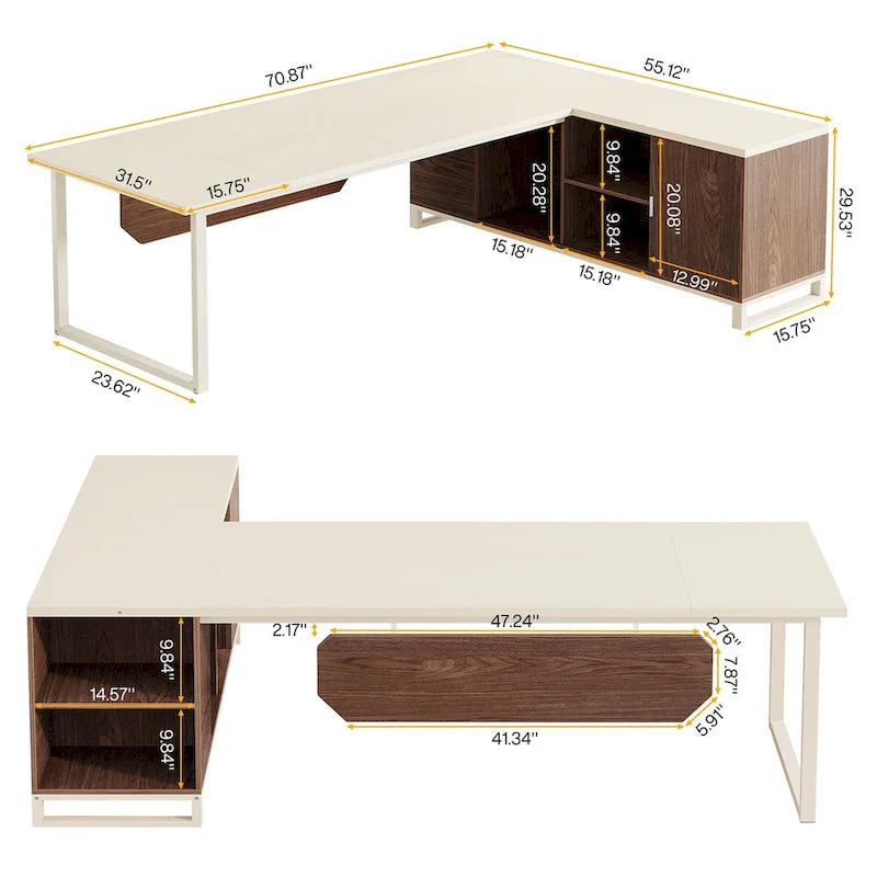 Bureau de direction de 180 cm avec classeur de 140 cm, grand bureau d'ordinateur en L avec armoire de rangement et étagères