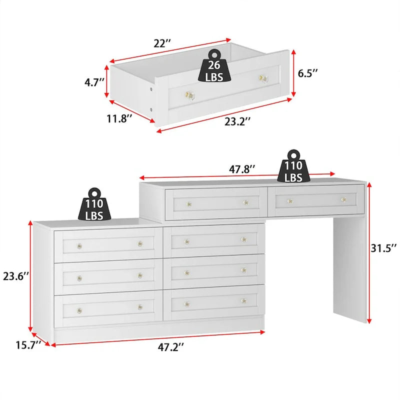 Commode et coiffeuse blanche solution de rangement polyvalente bureau cristal