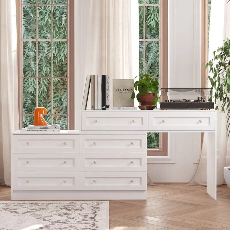 Commode et coiffeuse blanche solution de rangement polyvalente bureau cristal