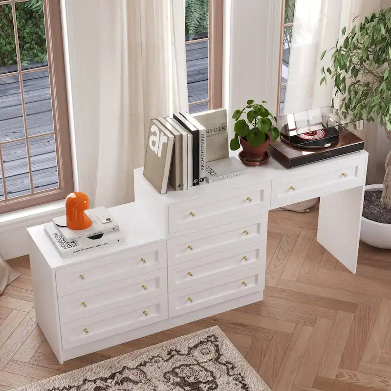 Commode et coiffeuse blanche solution de rangement polyvalente bureau cristal