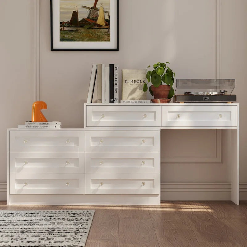 Commode et coiffeuse blanche solution de rangement polyvalente bureau cristal