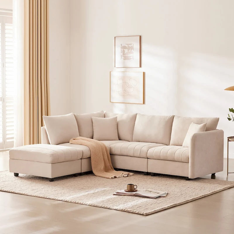 Canapé sectionnel moderne en forme de L à rayures verticales, 2 coussins, ottoman, combinaisons variées, beige