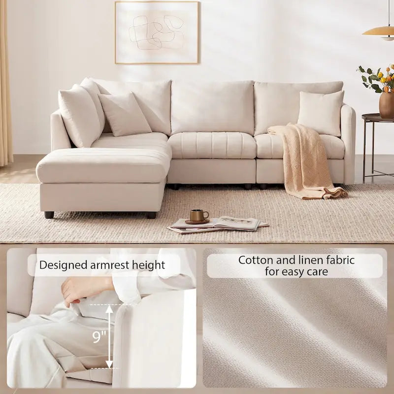 Canapé sectionnel moderne en forme de L à rayures verticales, 2 coussins, ottoman, combinaisons variées, beige