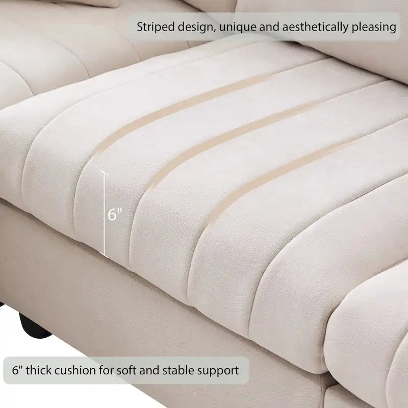 Canapé sectionnel moderne en forme de L à rayures verticales, 2 coussins, ottoman, combinaisons variées, beige