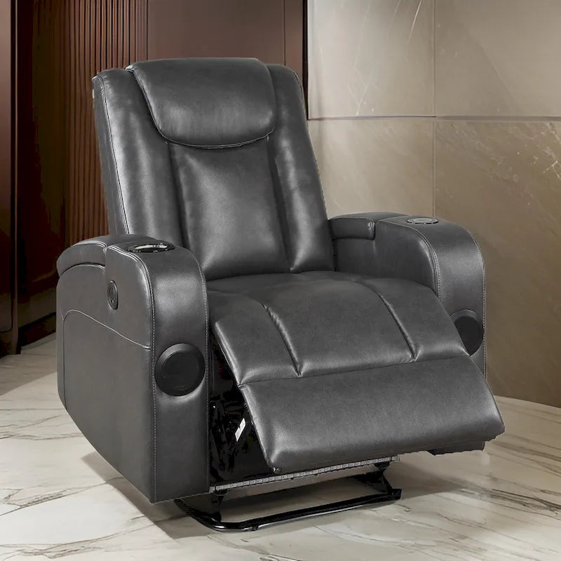 Emily Fauteuil inclinable électrique 38 pouces, porte-gobelet rafraîchissant, LED, similicuir PU gris
