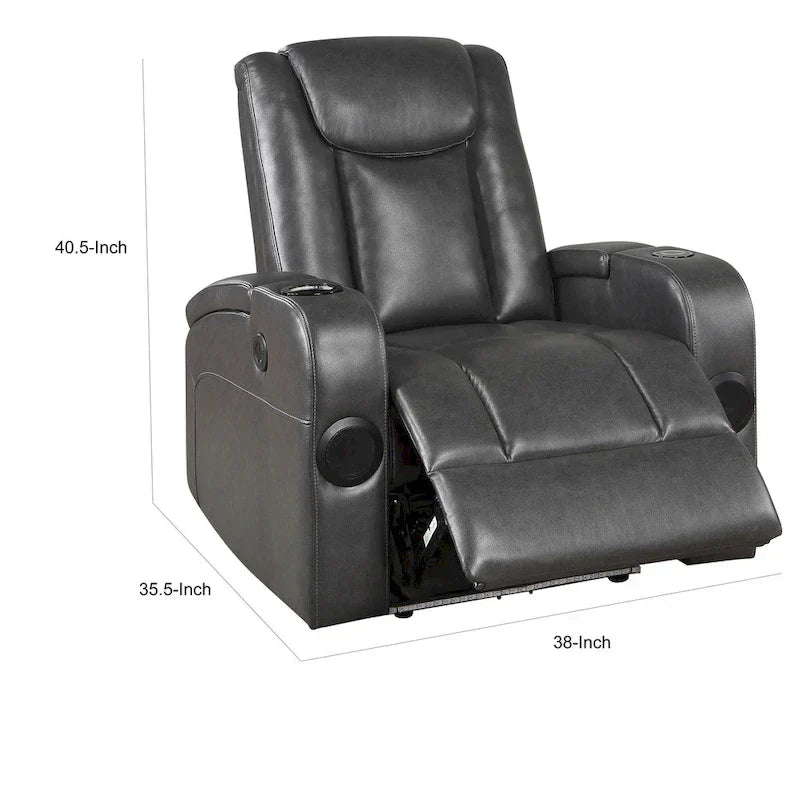 Emily Fauteuil inclinable électrique 38 pouces, porte-gobelet rafraîchissant, LED, similicuir PU gris