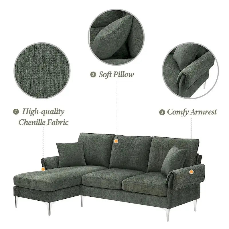 Canapé Sectionnel Convertible Forme L, Canapé en Chenille avec Méridienne Réversible pour Salon, Appartement