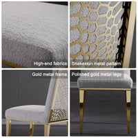 Chaises de salle à manger luxueuses en bouclette blanche avec pieds en métal doré poli