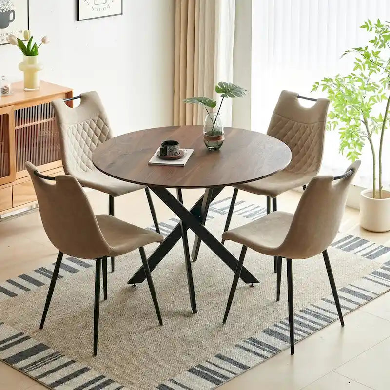Ensemble de salle à manger 1+4,5 pièces, table à manger à pied métallique de 42,1 po style Mid-century pour 4-6 personnes avec plateau en MDF, table de salle à manger sur pied.