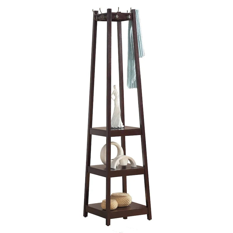 Porte-manteau en bois avec étagères de rangement à 3 niveaux