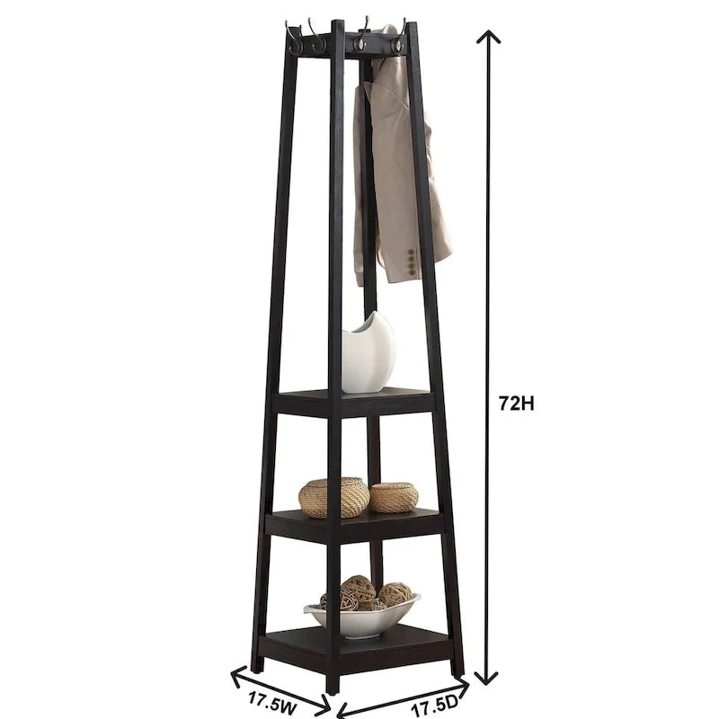 Porte-manteau en bois avec étagères de rangement à 3 niveaux