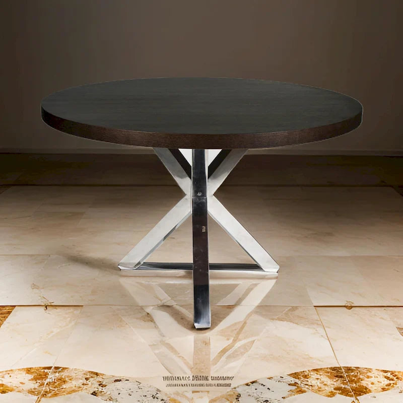 Table de salle à manger ronde Emi 47 pouces, acier brossé croisé en X, bois brun foncé