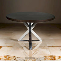 Table de salle à manger ronde Emi 47 pouces, acier brossé croisé en X, bois brun foncé