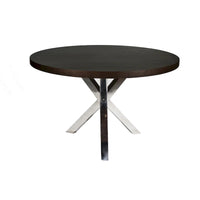 Table de salle à manger ronde Emi 47 pouces, acier brossé croisé en X, bois brun foncé