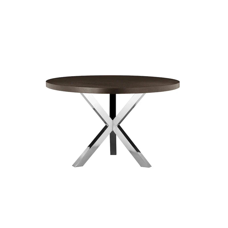 Table de salle à manger ronde Emi 47 pouces, acier brossé croisé en X, bois brun foncé