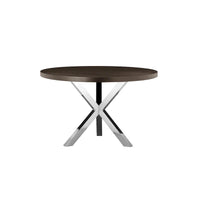 Table de salle à manger ronde Emi 47 pouces, acier brossé croisé en X, bois brun foncé