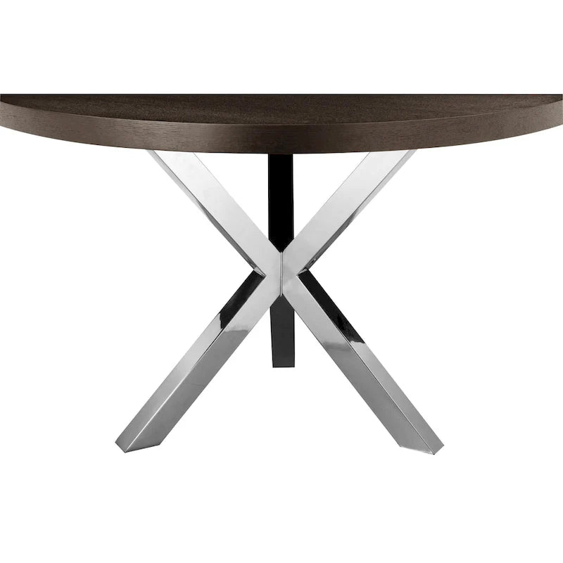 Table de salle à manger ronde Emi 47 pouces, acier brossé croisé en X, bois brun foncé