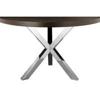 Table de salle à manger ronde Emi 47 pouces, acier brossé croisé en X, bois brun foncé