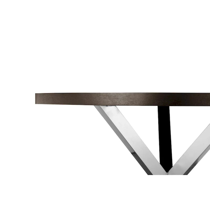 Table de salle à manger ronde Emi 47 pouces, acier brossé croisé en X, bois brun foncé