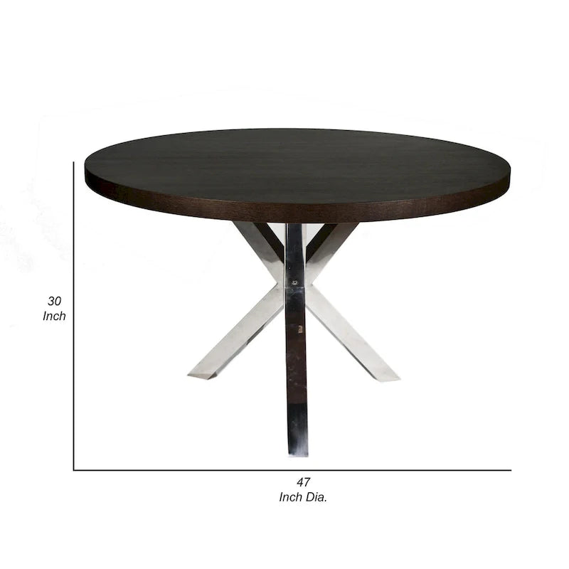 Table de salle à manger ronde Emi 47 pouces, acier brossé croisé en X, bois brun foncé
