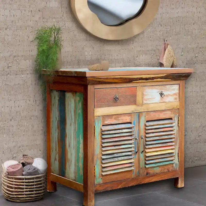 Meuble de Rangement à Linge avec 2 Portes et 2 Tiroirs en Teck Recyclé à Persiennes Marina Del Rey