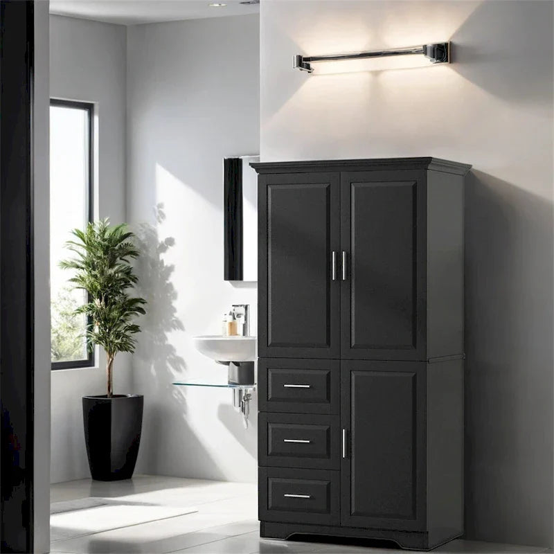 Meuble de rangement haut et large avec portes pour salle de bain, trois tiroirs