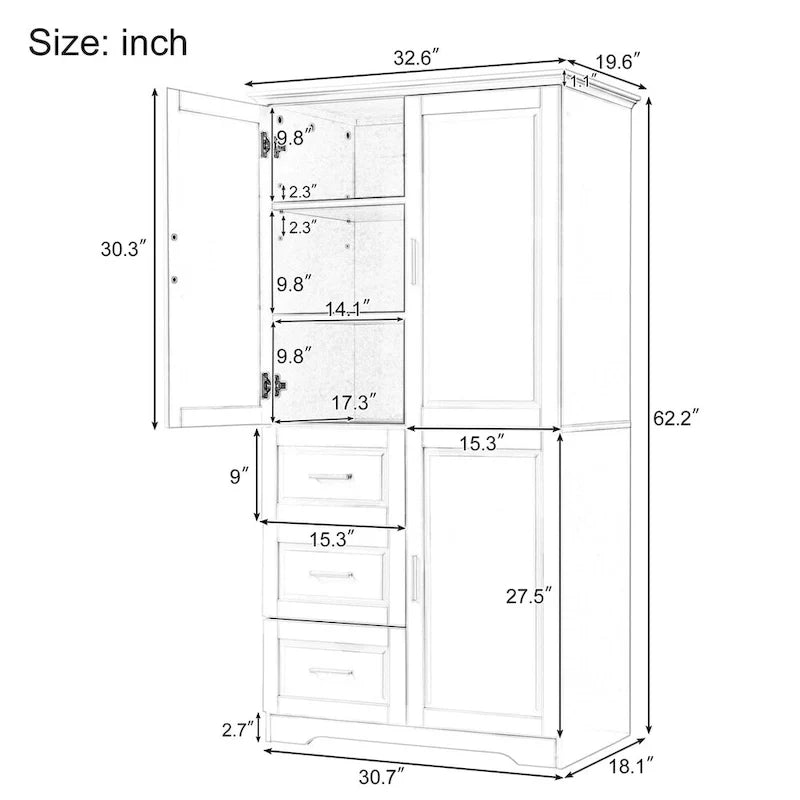 Meuble de rangement haut et large avec portes pour salle de bain, trois tiroirs