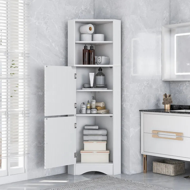 Meuble d'angle haut pour salle de bain, meuble de rangement autoportant avec portes et étagères réglables, panneau MDF